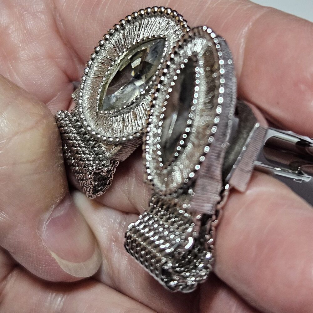 Vintage Swank Clear Marquise Shape Rhine Wrap Around Mesh Silver Tone Cuff Links - Picture 3 of 12